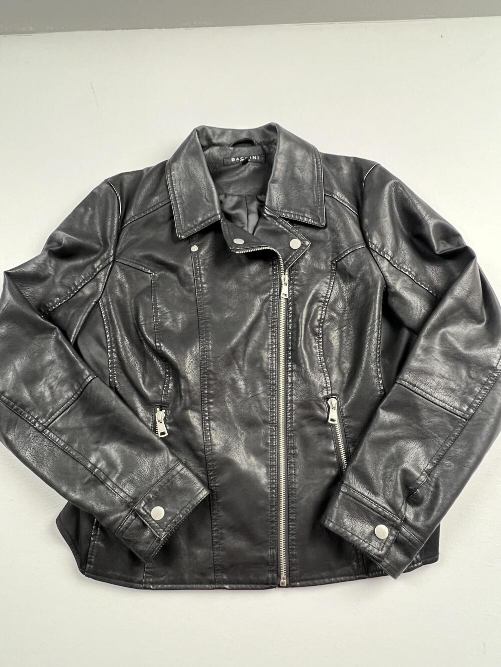 Baccini Jacket Womens Large Black Faux Leather Biker Moto Zip Pockets Lined